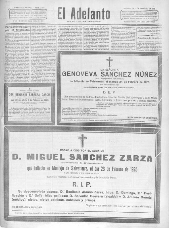 Reproducción digital de Esquela de Miguel Sanchez Zarza, ex secretario del Ayuntamiento de Montejo, 1925