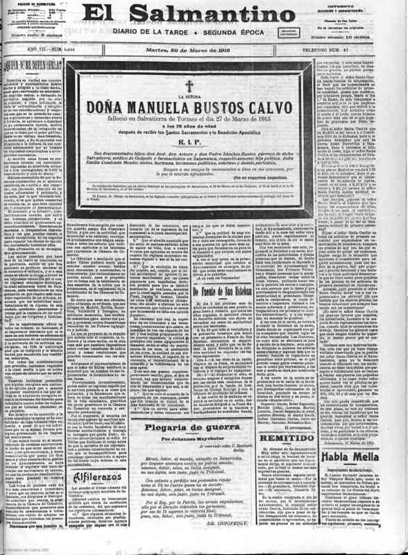 Reproducción digital de Esquela de Manuela Bustos Calvo, con funeral en Montejo de Salvatierra