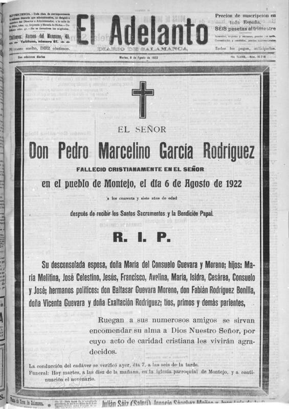 Reproducción digital de Esquela de Don Pedro Marcelino García Rodríguez, Montejo, 1922