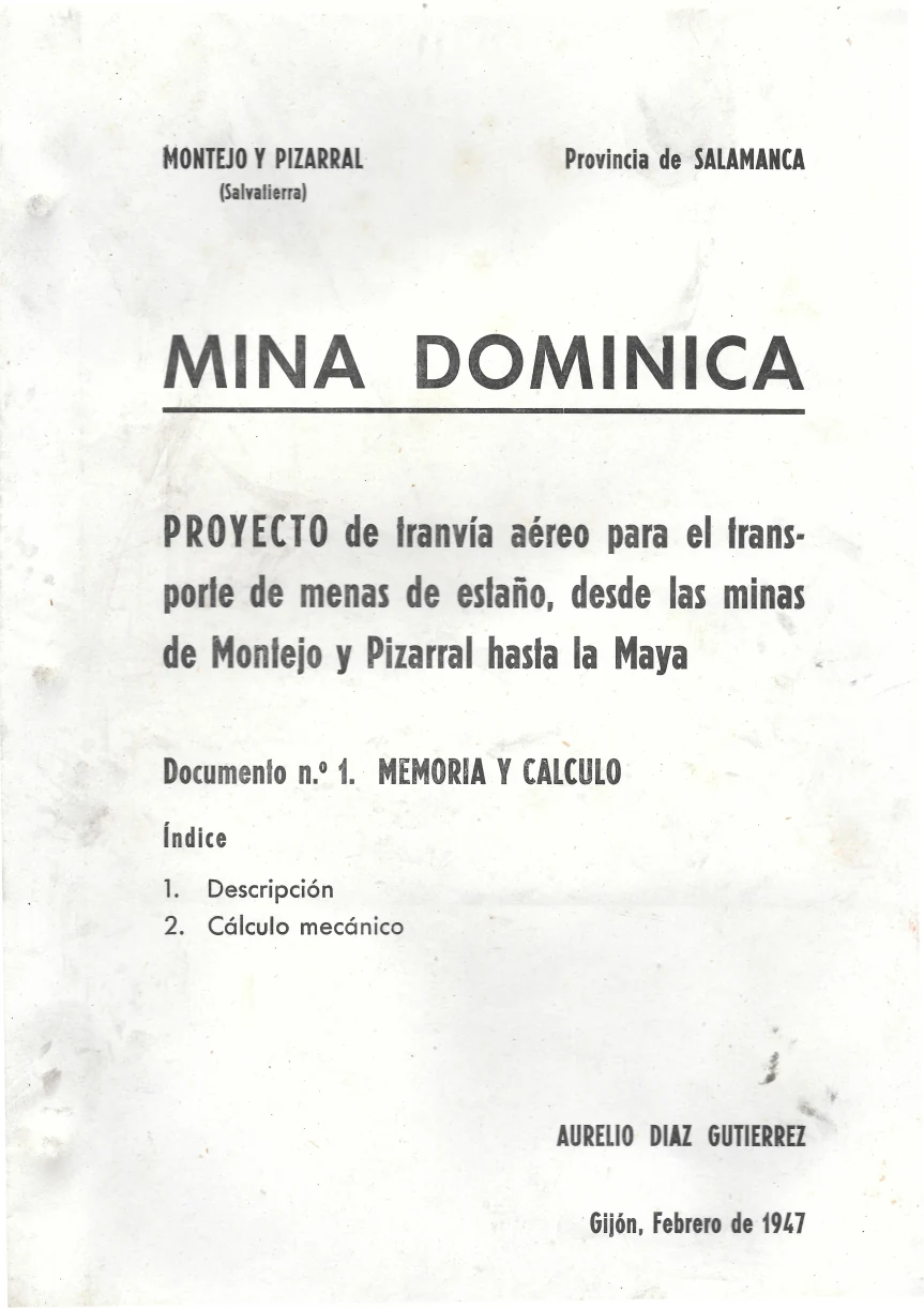 Portada de la memoria técnica de 1947 del proyecto de tranvía aéreo de Mina Dominica